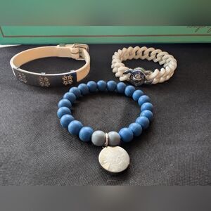 Rustic Cuff Blue, White & Silver Silicone Beaded Bracelets With Nautical Accent